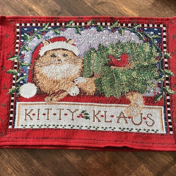 Vintage Set (2) Tapestry Rectangle Christmas Kitty Klaus Cotton Blend Placemats - Picture 2 of 16